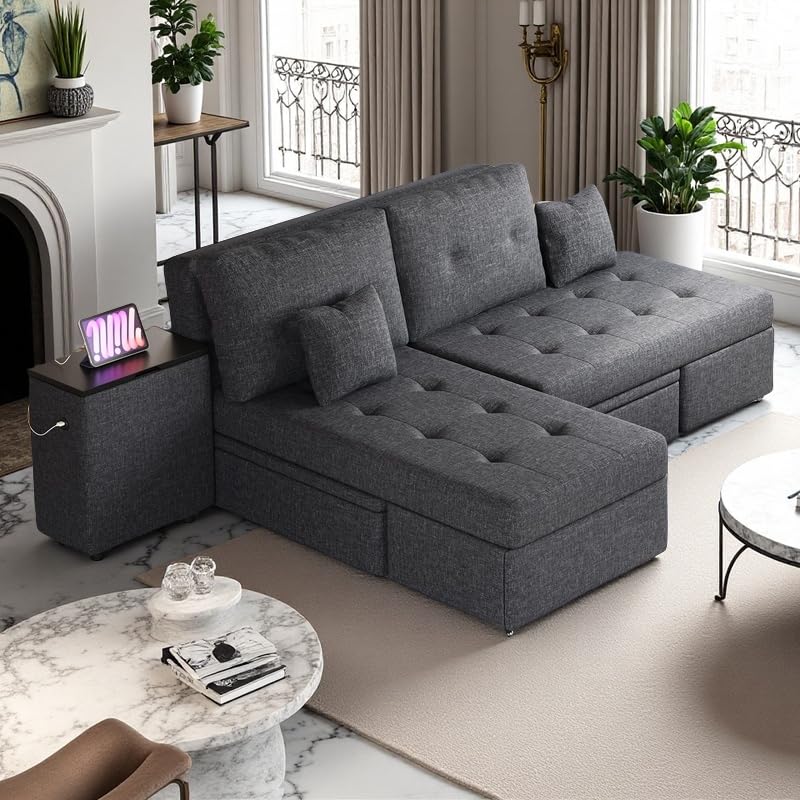 Queen Size Convertible Sleeper Sofa with Storage Cabinets and USB Ports T469
