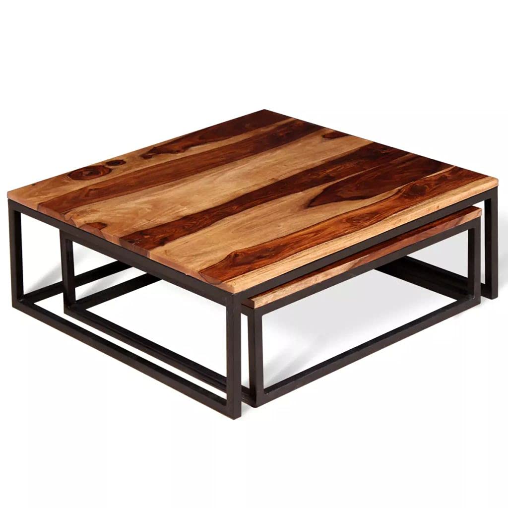Solid Sheesham Wood Nesting Coffee Table Set with Metal Frame N516