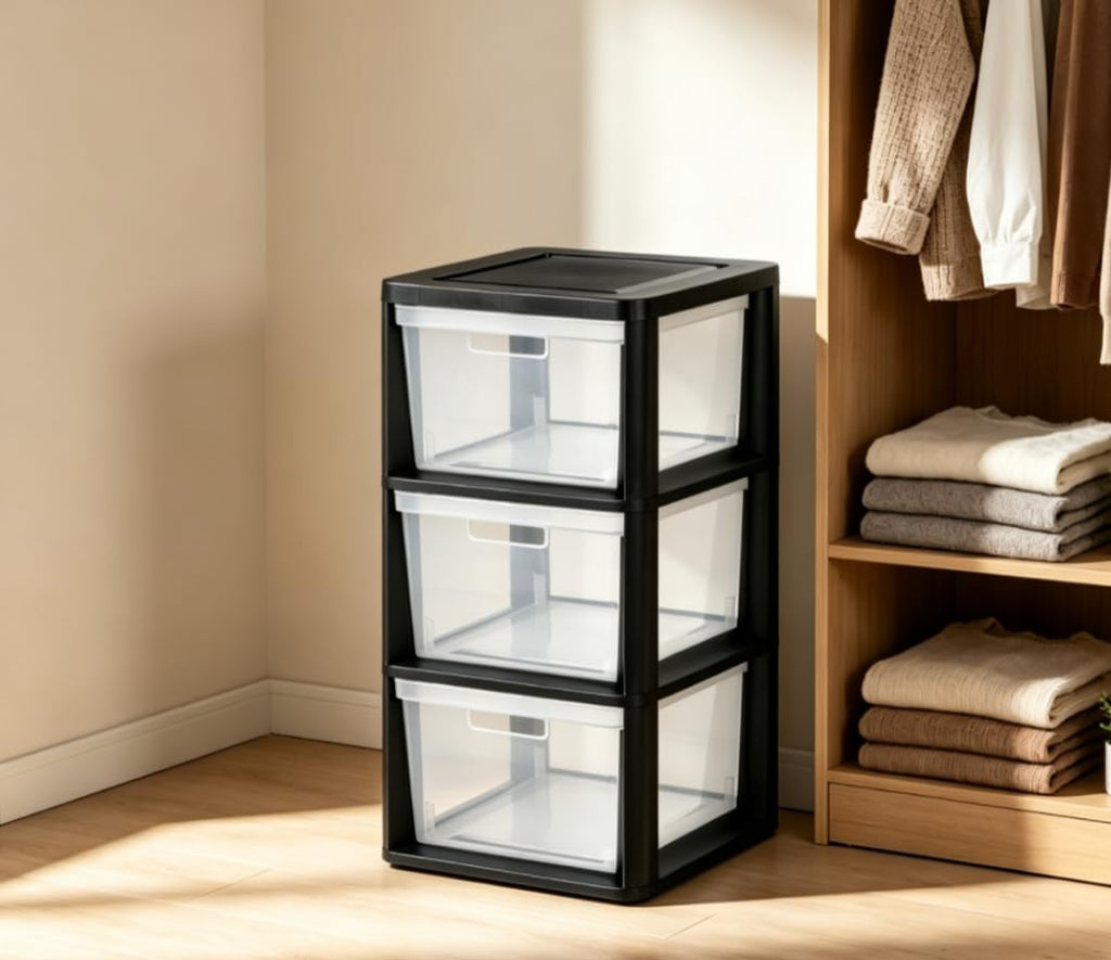 Black 3 Drawer Plastic Storage Tower A313
