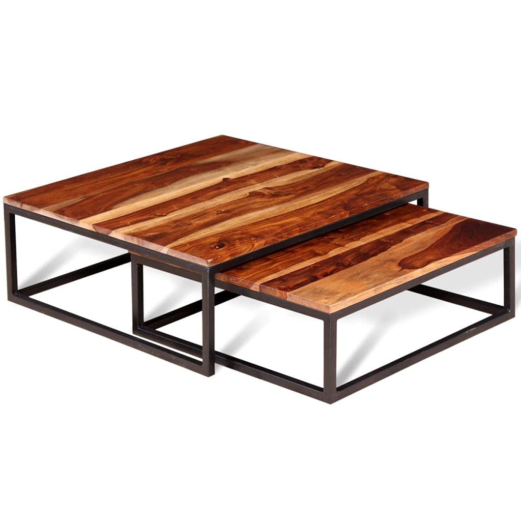 Solid Sheesham Wood Nesting Coffee Table Set with Metal Frame N516