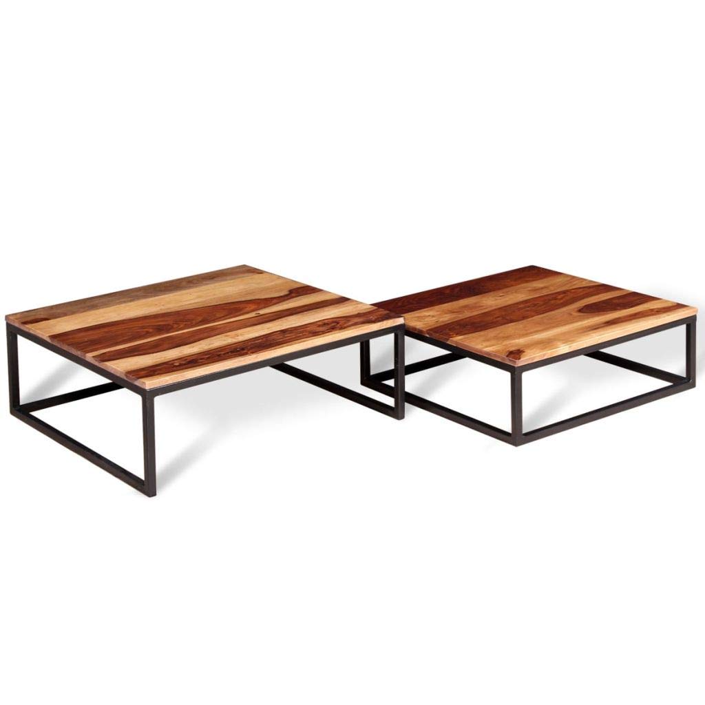 Solid Sheesham Wood Nesting Coffee Table Set with Metal Frame N516