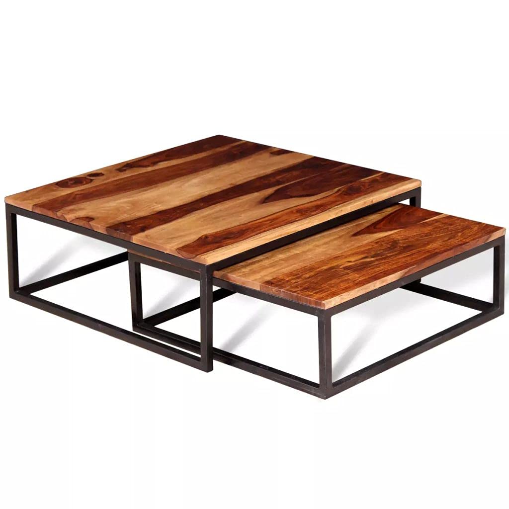 Solid Sheesham Wood Nesting Coffee Table Set with Metal Frame N516