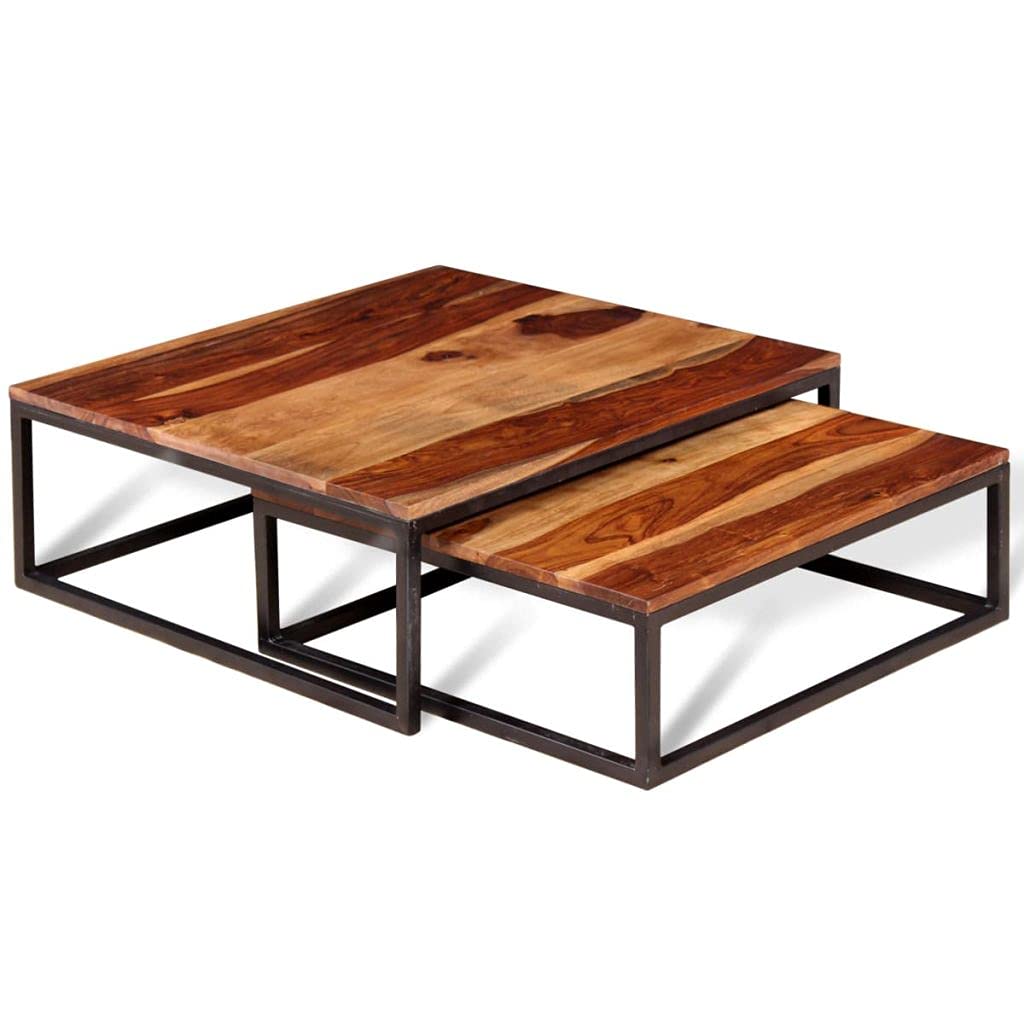 Solid Sheesham Wood Nesting Coffee Table Set with Metal Frame N516