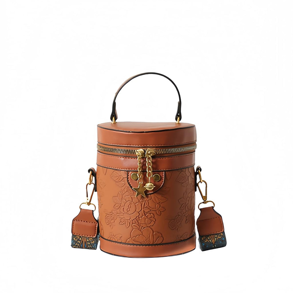 Round Barrel Bucket Bag Embossed Vegan Leather Crossbody Handbag J294014