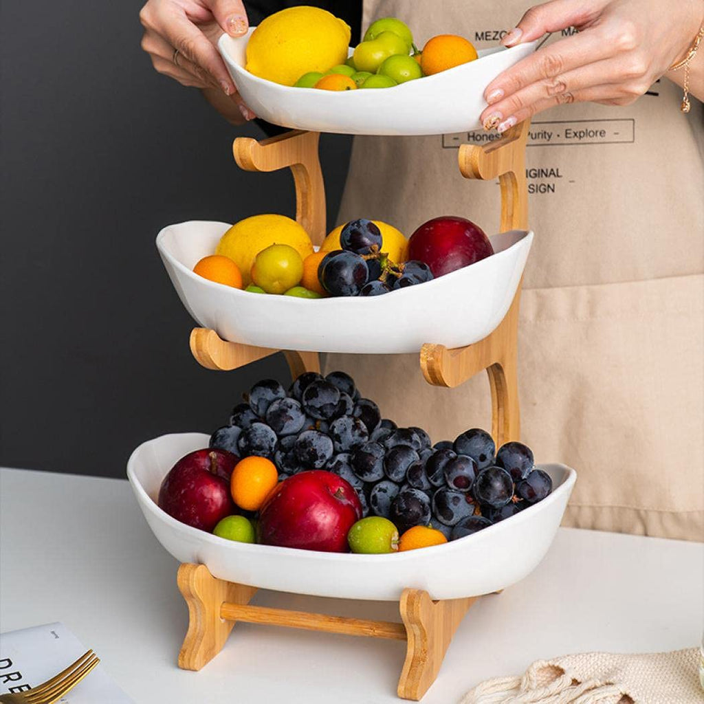 3-Tier Ceramic Fruit Basket with Bamboo Tray Z517
