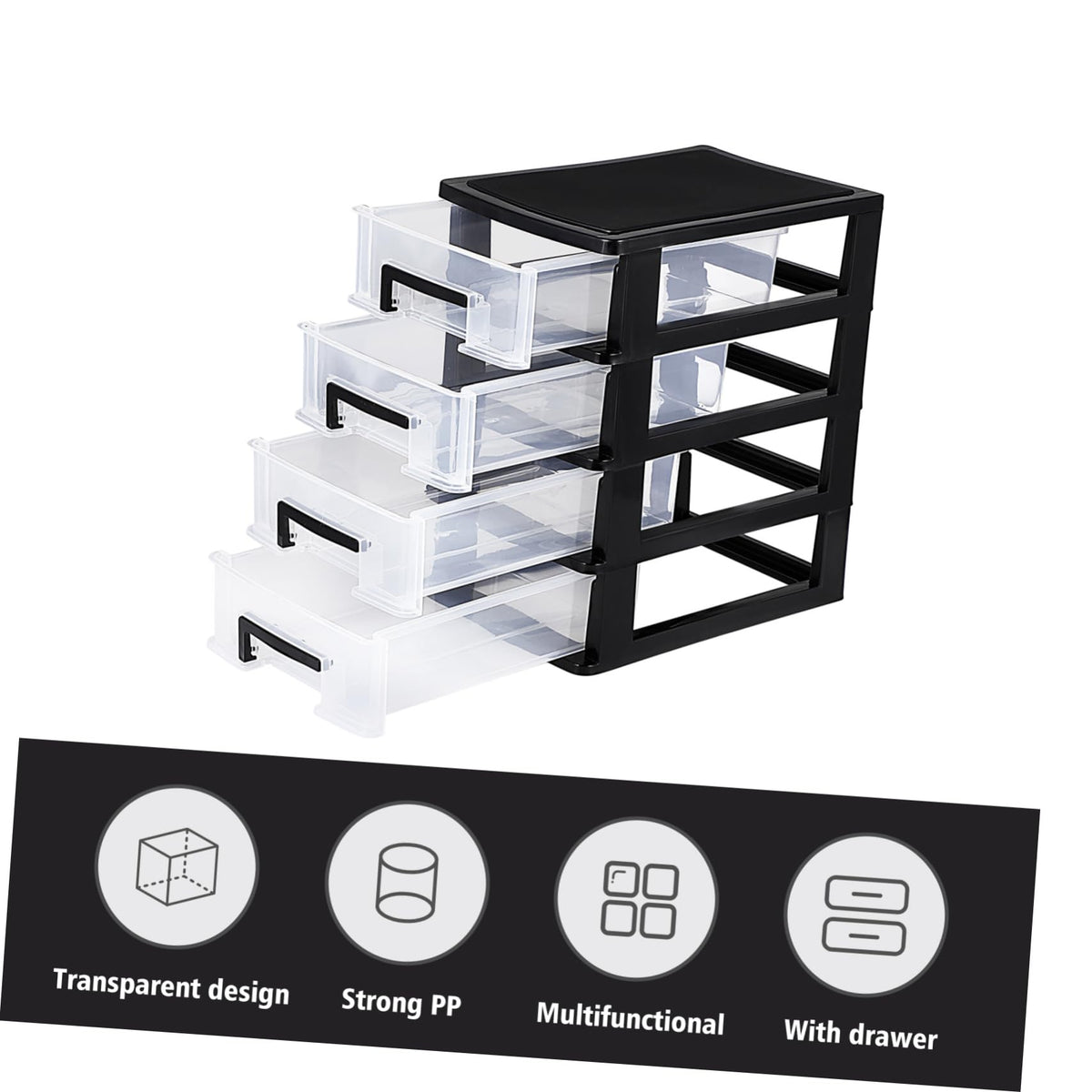 Black Transparent 4-Layer Plastic Drawer Storage Cabinet J8074