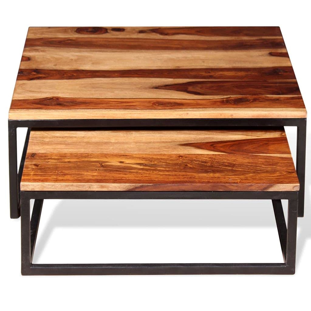 Solid Sheesham Wood Nesting Coffee Table Set with Metal Frame N516