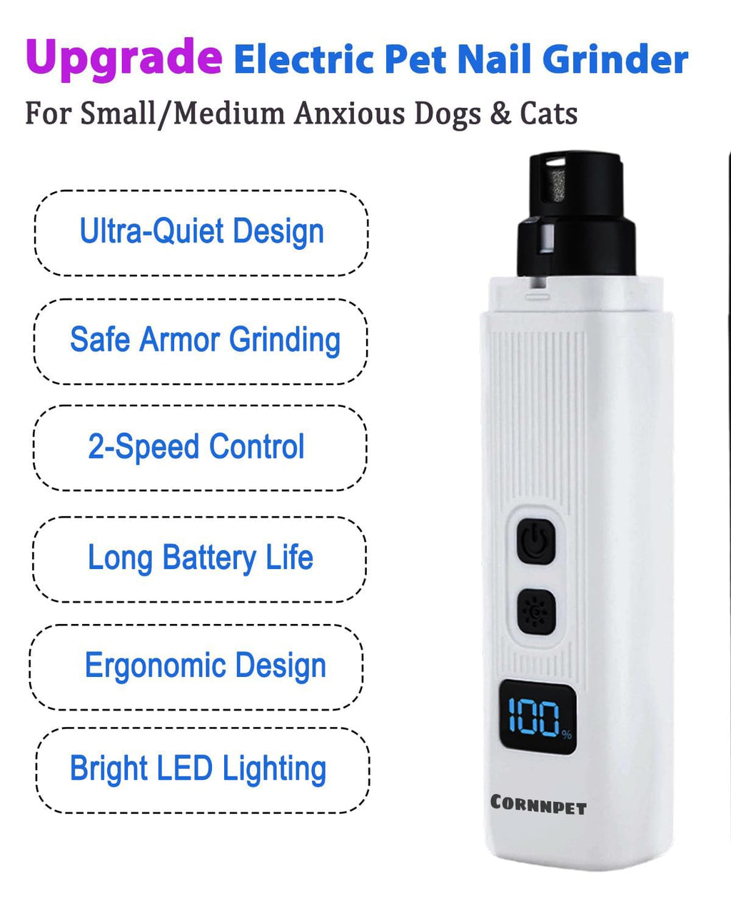 Electric Dog Nail Grinder 2 Speed 30dB Super Quiet White U9676