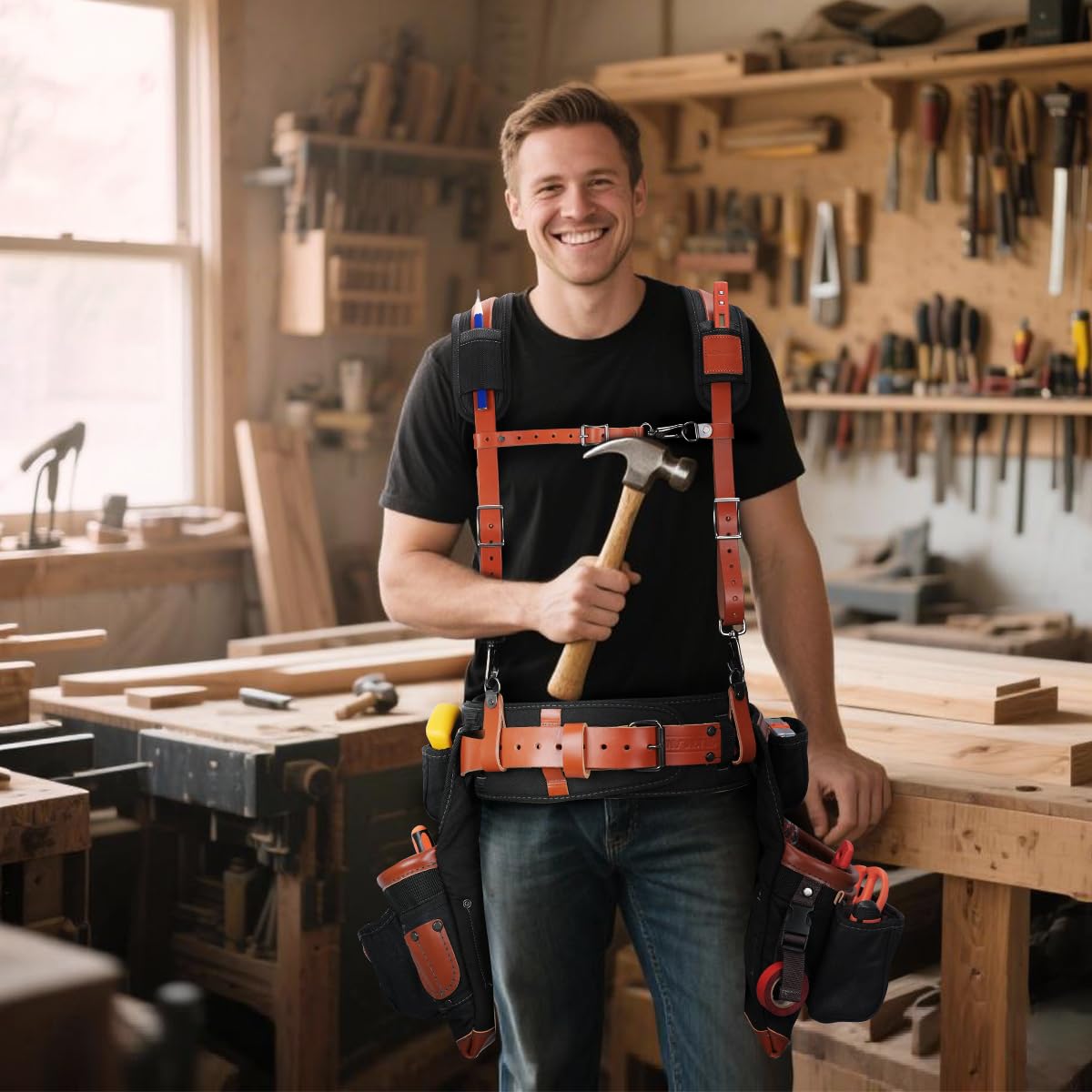 Top-Grain Leather Tool Belt With Suspenders T949