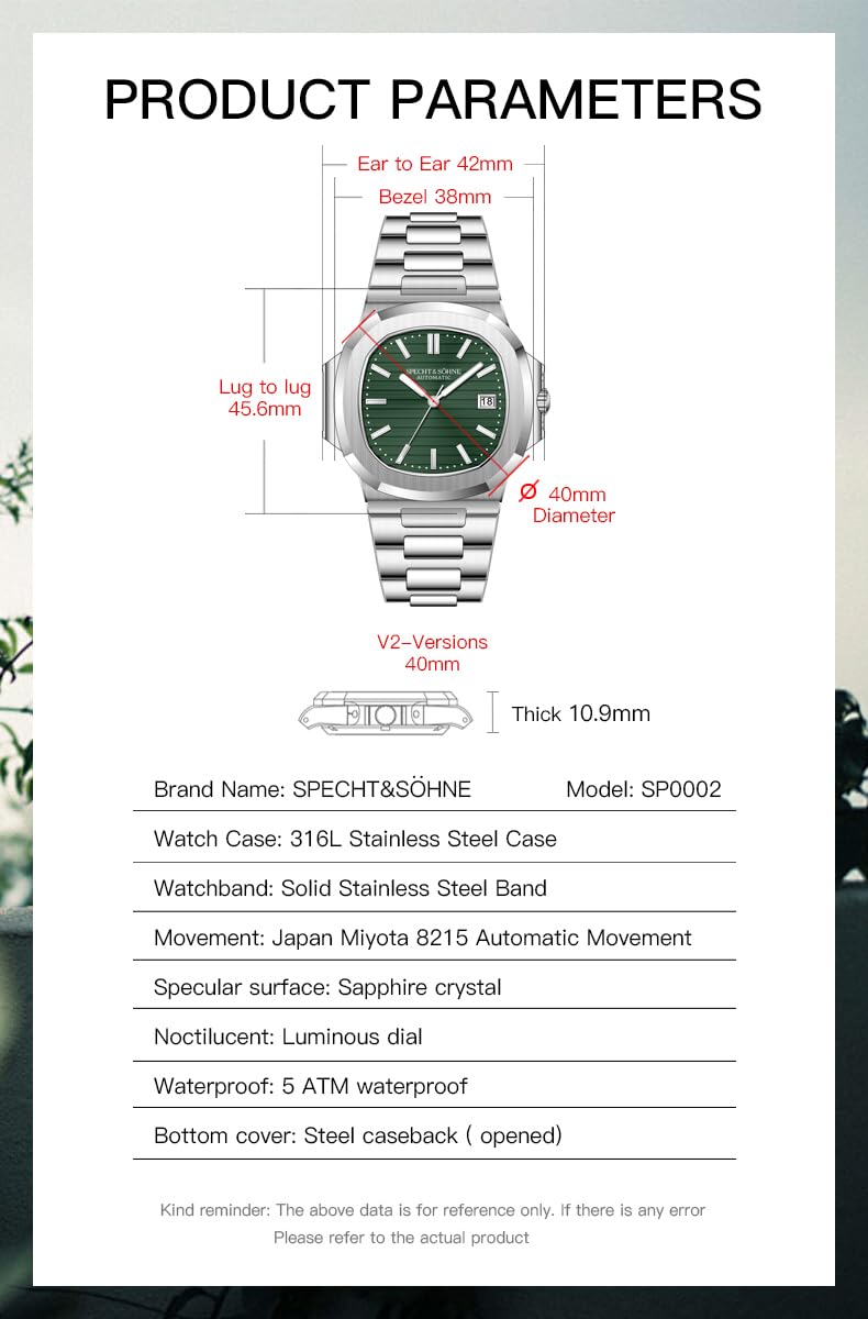 Mens Mechanical Watch Automatic Sapphire Crystal 40MM S556