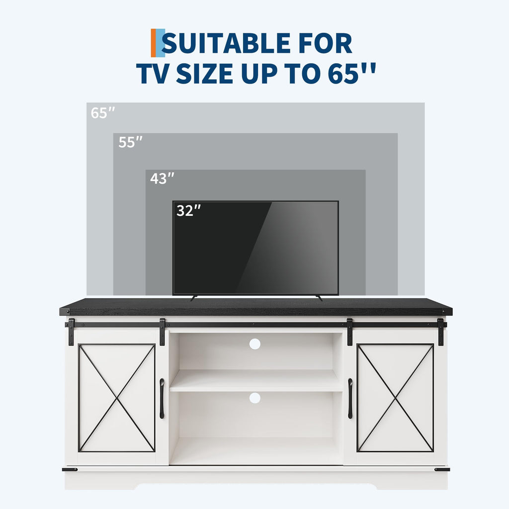 White Rustic Farmhouse TV Stand with Sliding Barn Doors P5247