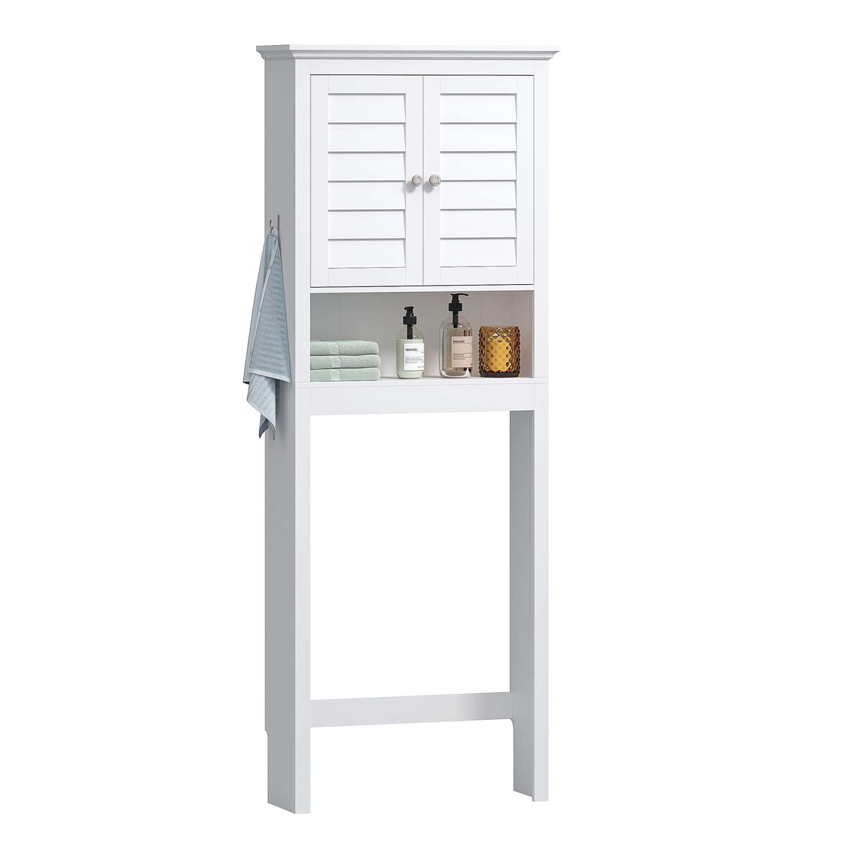 White Over The Toilet Storage Cabinet with Louvered Doors & Hooks K866323