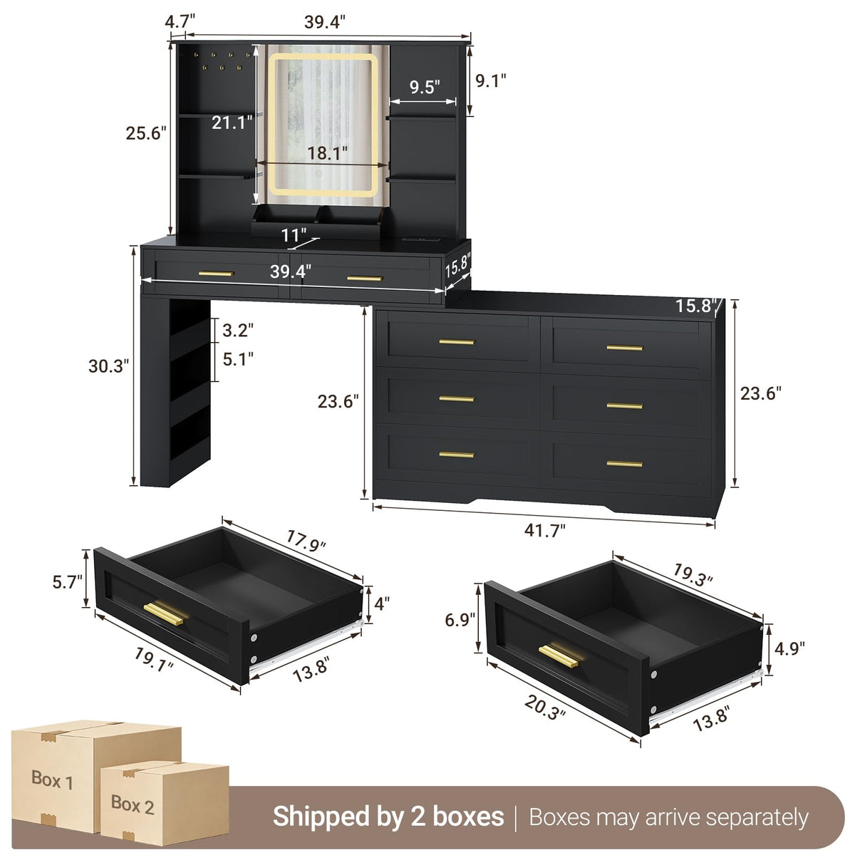 Black Makeup Vanity Desk with Mirror and Lights M900570