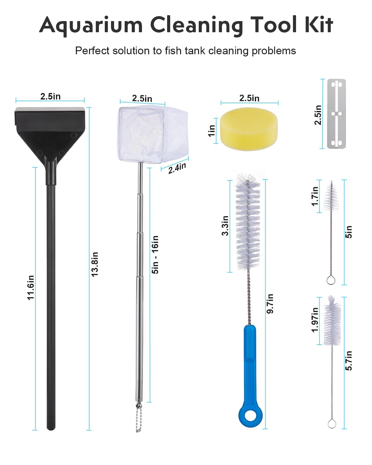 7-in-1 Fish Tank Cleaning Kit with Algae Scraper & Aquarium Brushes T388915