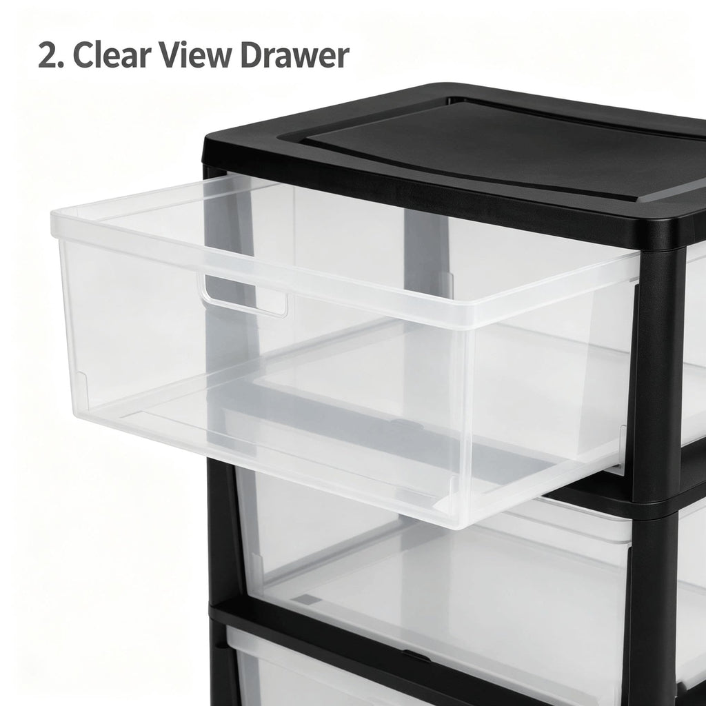 Wide Plastic 3-Drawer Storage Tower with Removable Clear Drawers K5480