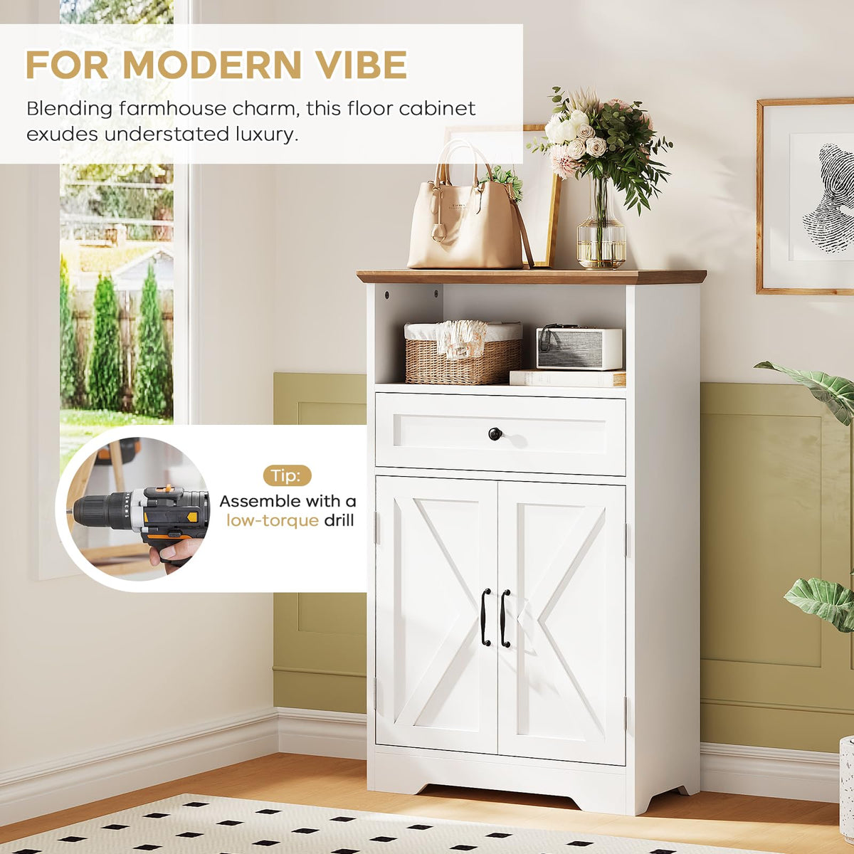 White Storage Cabinet with Barn Doors and Drawers R31826