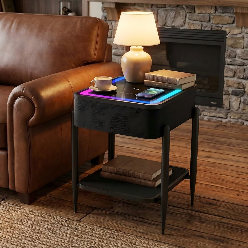 Black LED Smart Nightstand with Bluetooth Speaker & Wireless Charging H48005