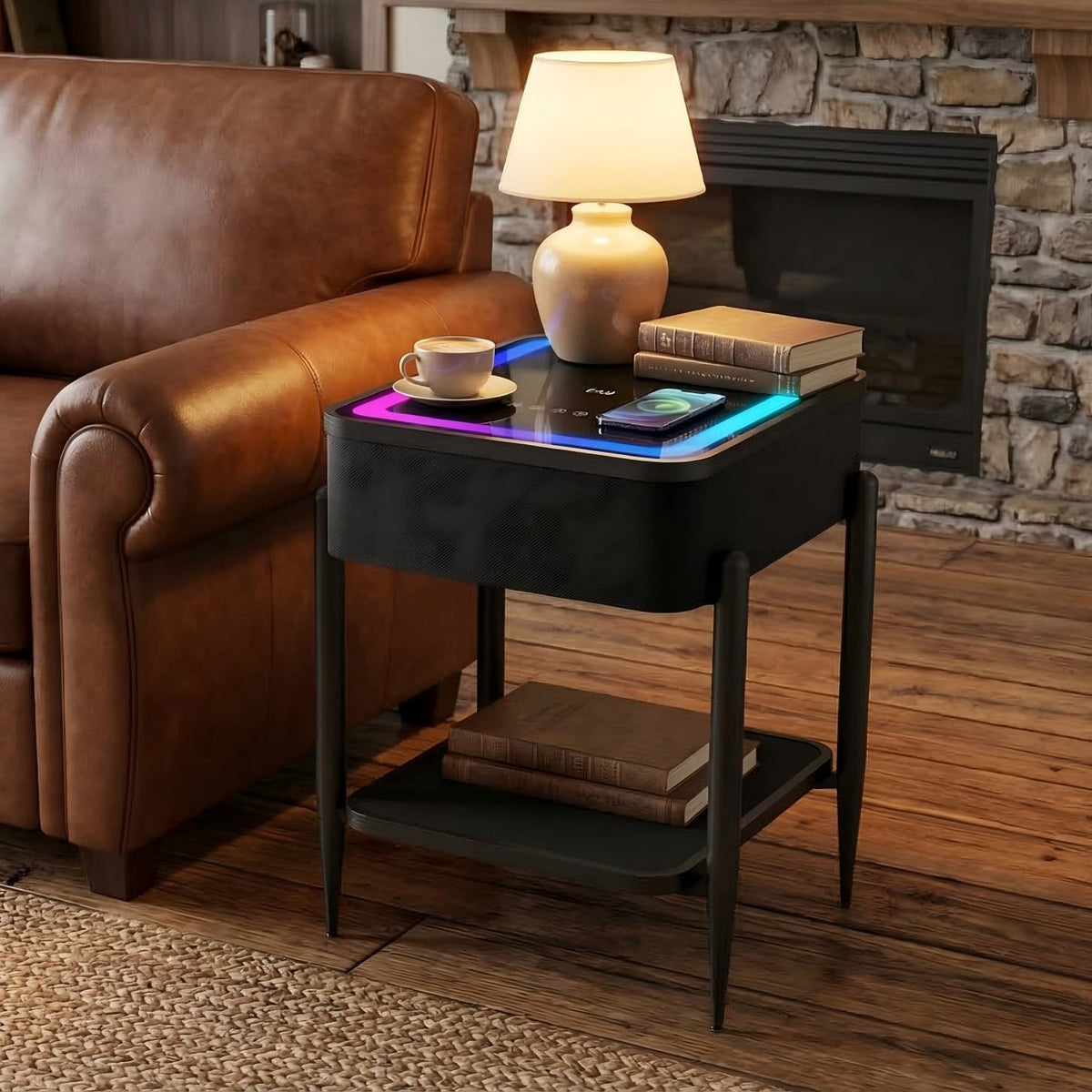 Black LED Smart Nightstand with Bluetooth Speaker & Wireless Charging H48005