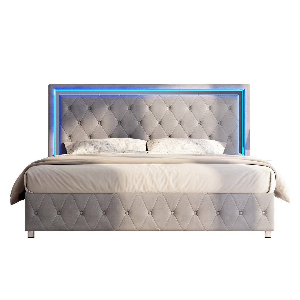 Full Velvet Upholstered Bed Frame with LED Lights Headboard T994