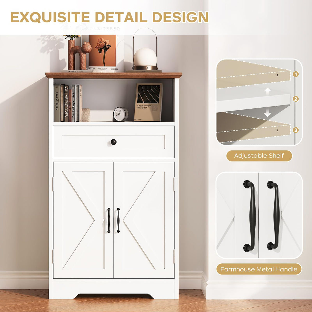 White Storage Cabinet with Barn Doors and Drawers R31826