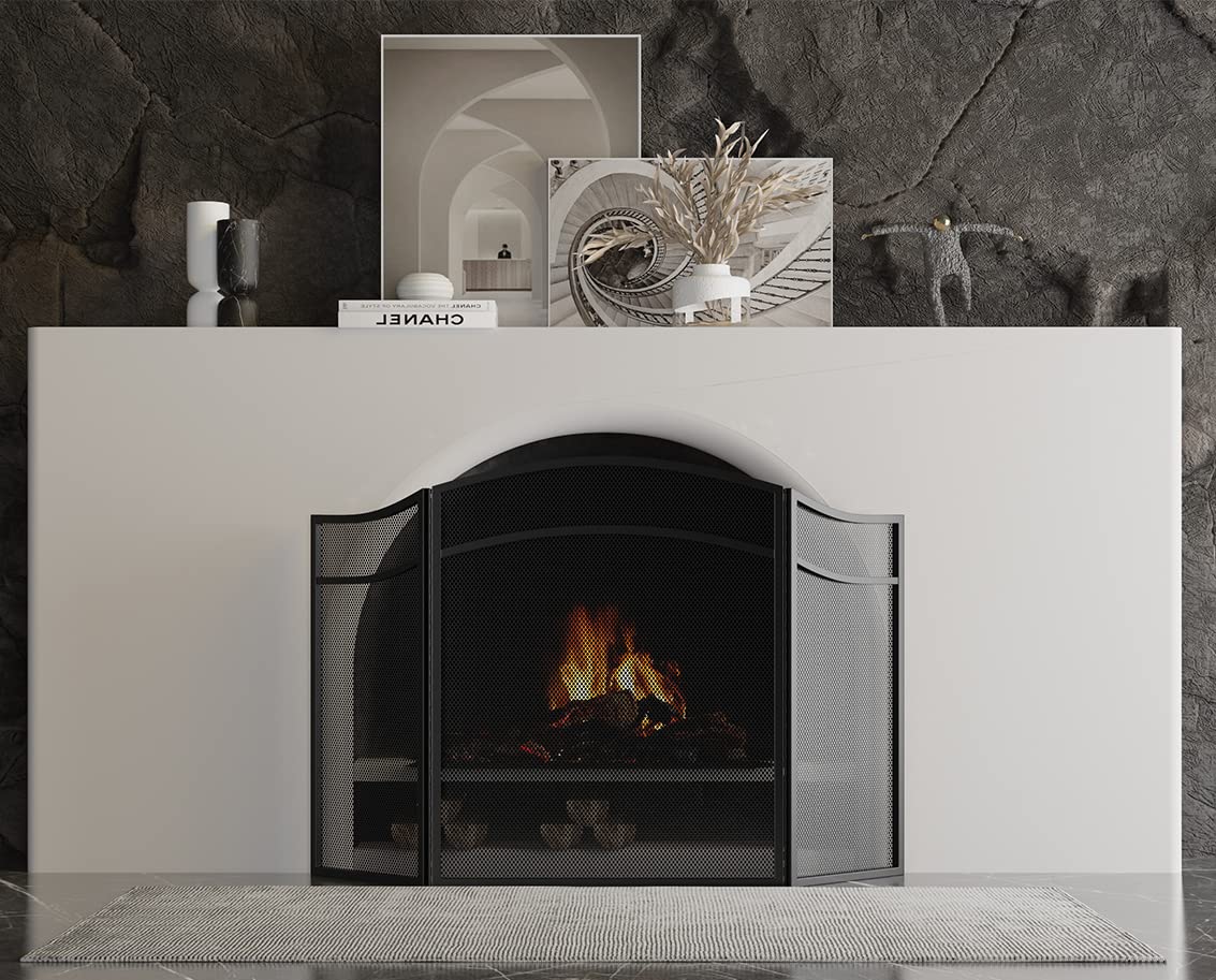 3 Panels Fireplace Screen with Arch Frame Black G510