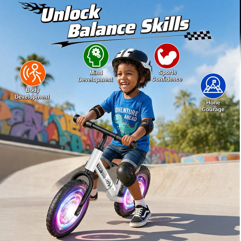 Adjustable Toddler Balance Bike with Fender and LED Tires A386176