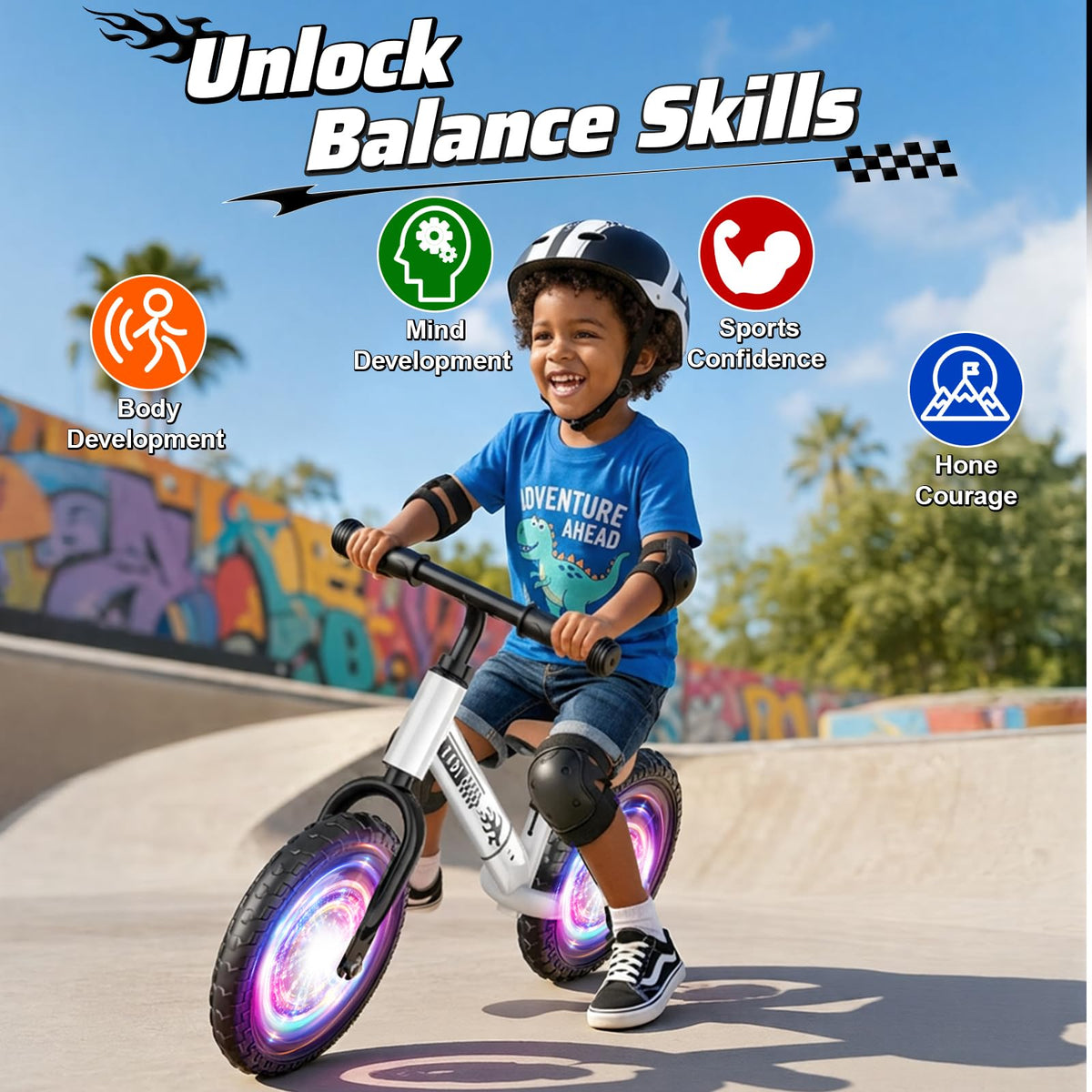 Adjustable Toddler Balance Bike with Fender and LED Tires A386176