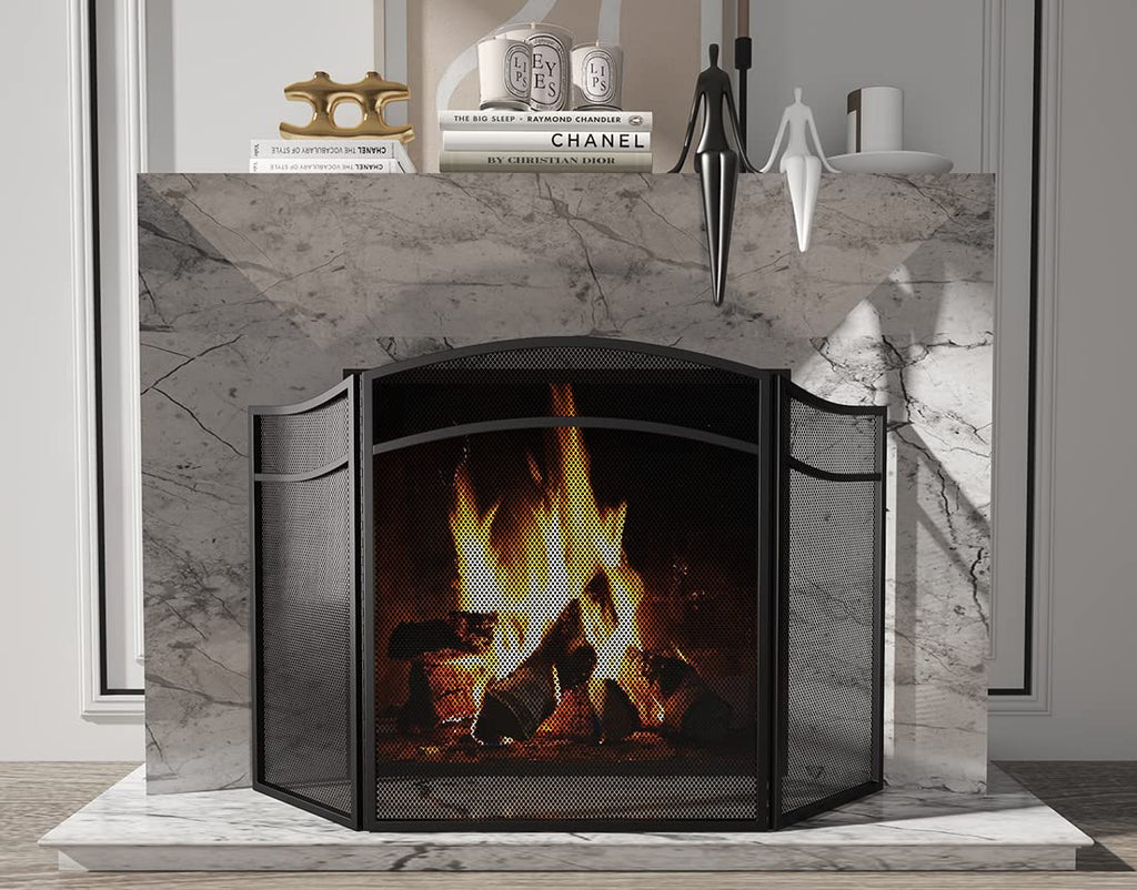 3 Panels Fireplace Screen with Arch Frame Black G510