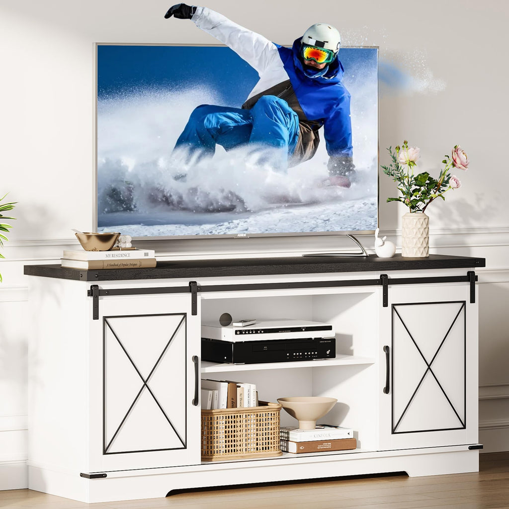 White Rustic Farmhouse TV Stand with Sliding Barn Doors P5247