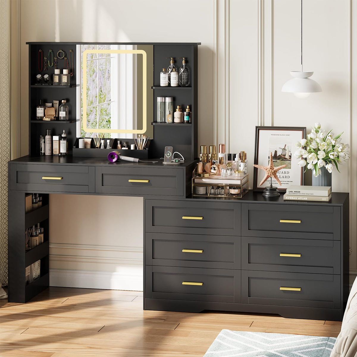 Black Makeup Vanity Desk with Mirror and Lights M900570