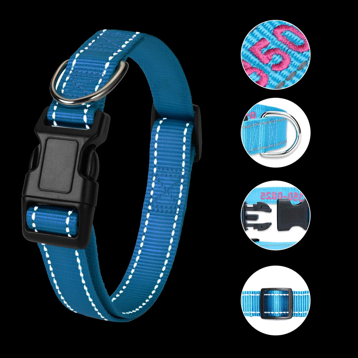 Personalized Dog Collar, 4 Adjustable Sizes Quick Release Buckle and D-Ring K2937