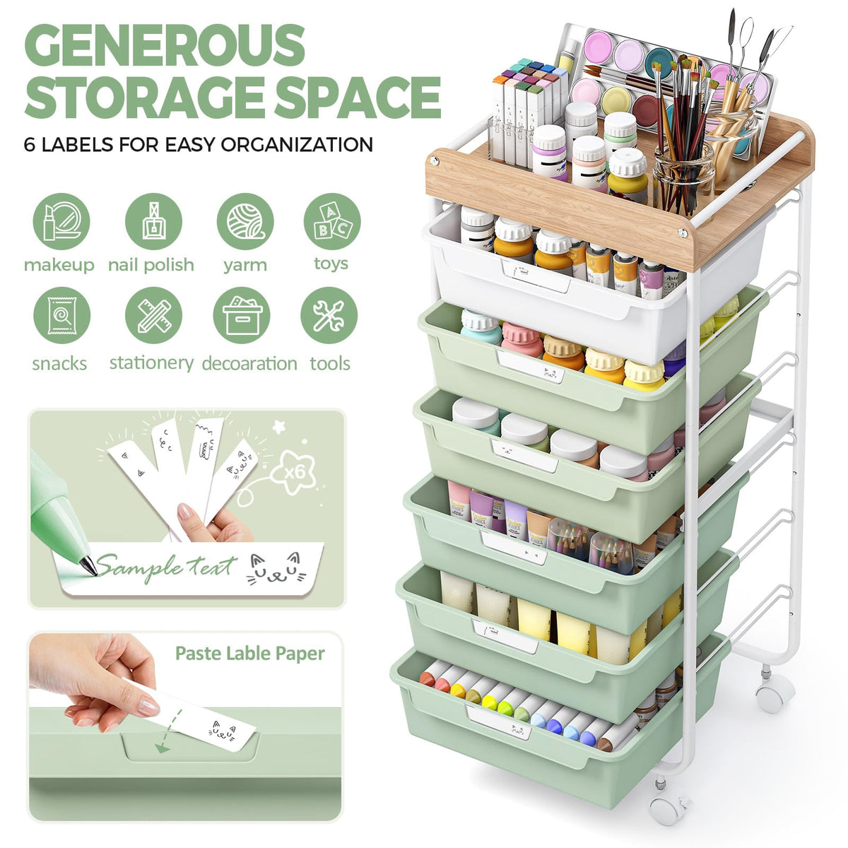 Green Utility Cart with 6 Drawers X48651