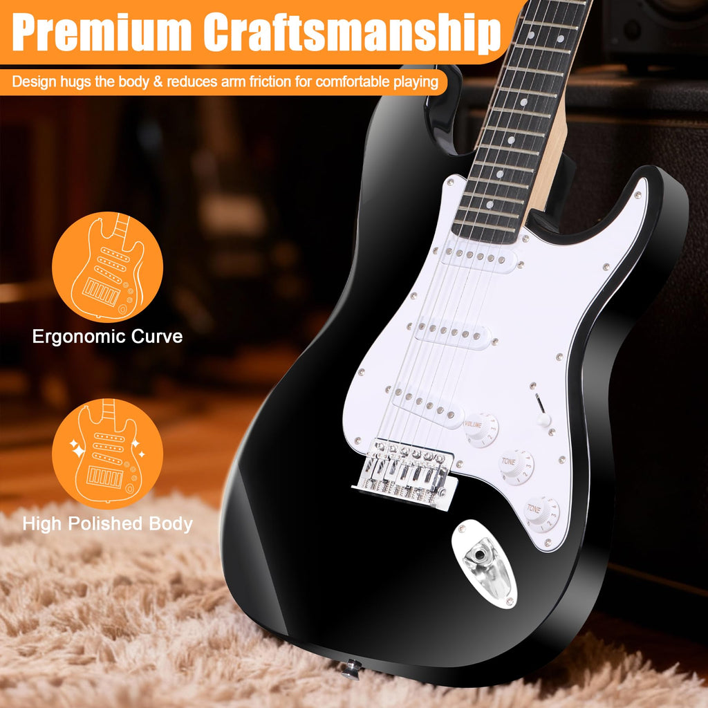 39in Full Size Electric Guitar with 10W Amp, Case and Accessories Pack, Black V77061