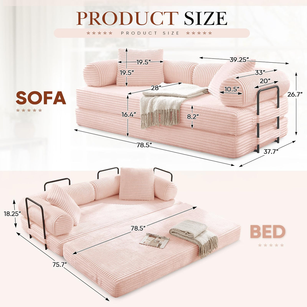 Pink Corduroy Convertible Sleeper Sofa Bed F26413