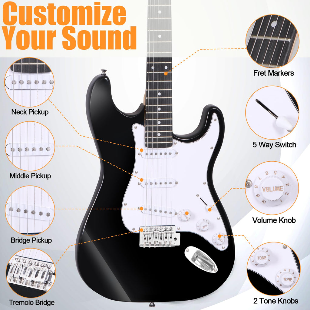 39in Full Size Electric Guitar with 10W Amp, Case and Accessories Pack, Black V77061
