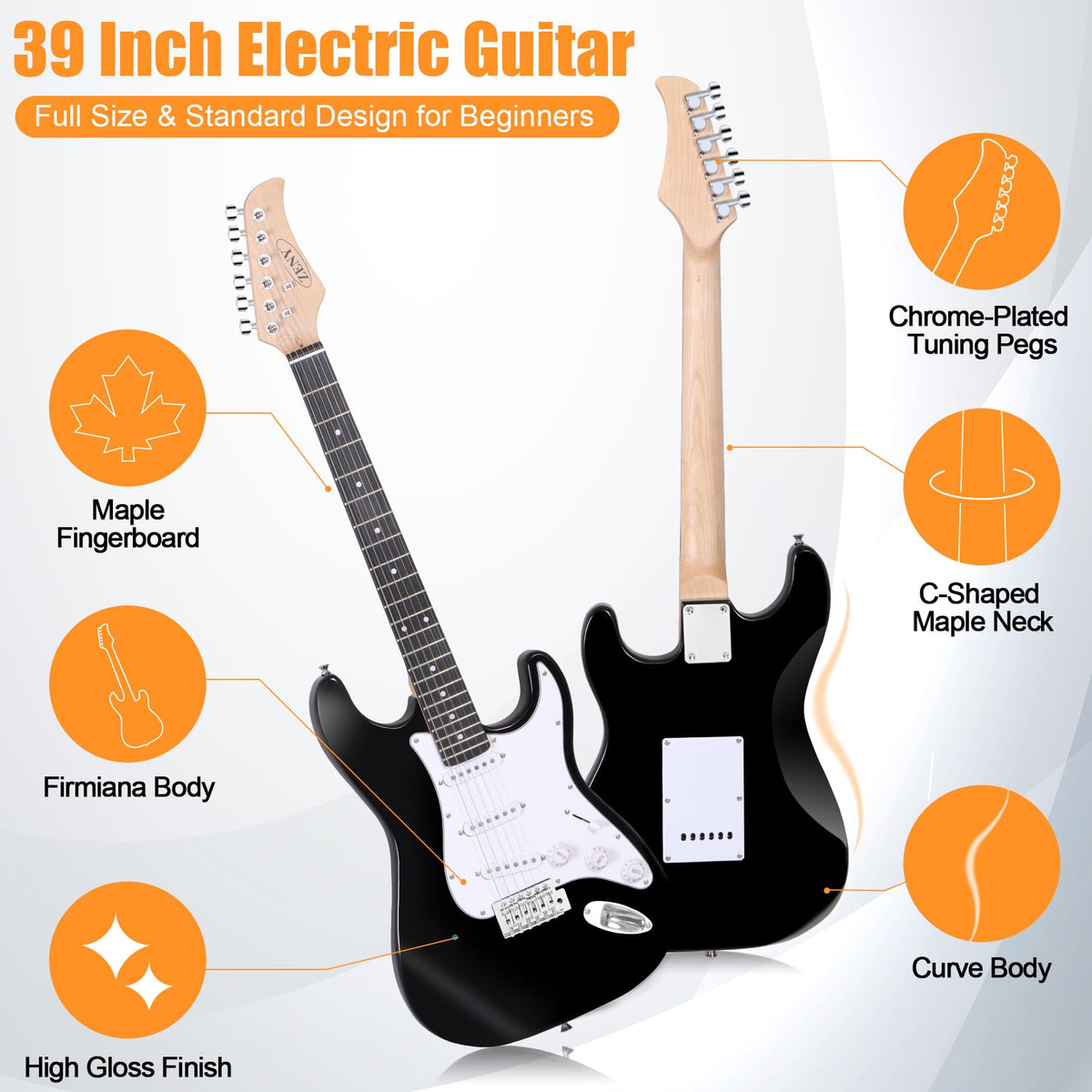 39in Full Size Electric Guitar with 10W Amp, Case and Accessories Pack, Black V77061