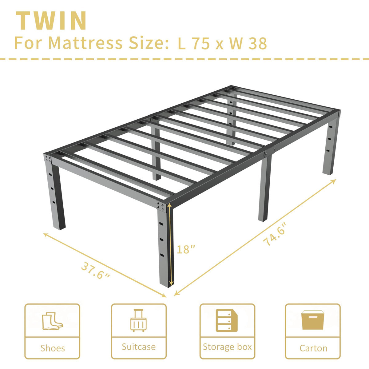 18 Inch Metal Twin Bed Frame Heavy Duty Noise Free P5434