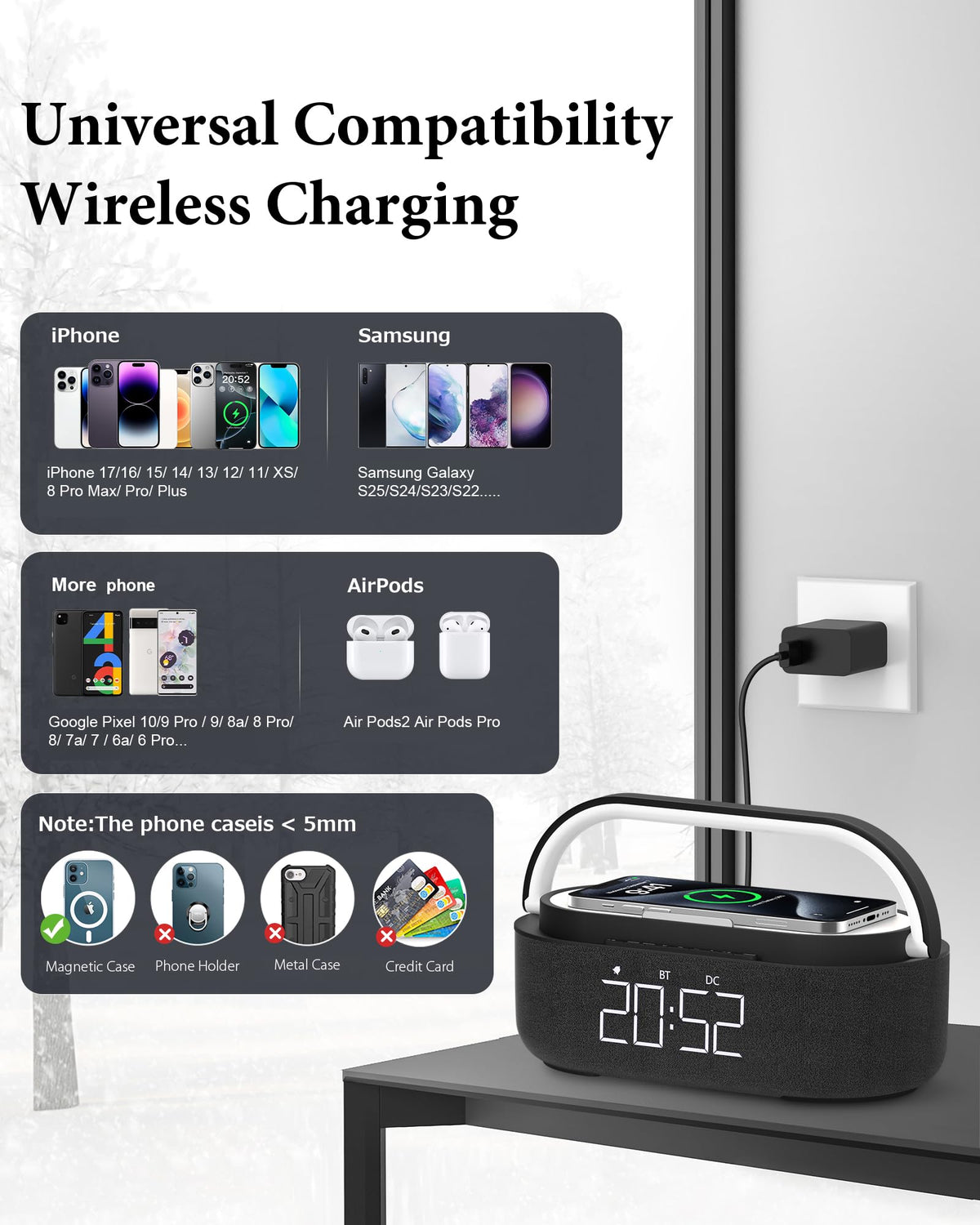 Bluetooth Speaker with Wireless Charger FM Radio LED Light W90733