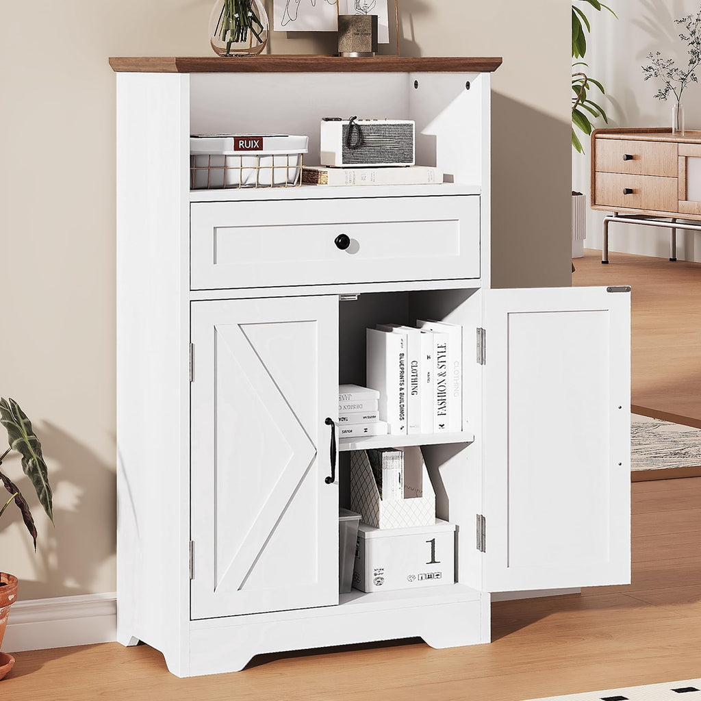 White Storage Cabinet with Barn Doors and Drawers R31826