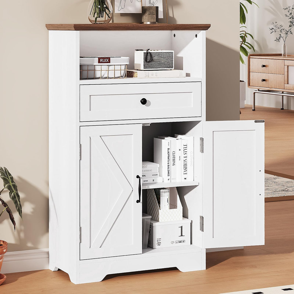 White Storage Cabinet with Barn Doors and Drawers R31826