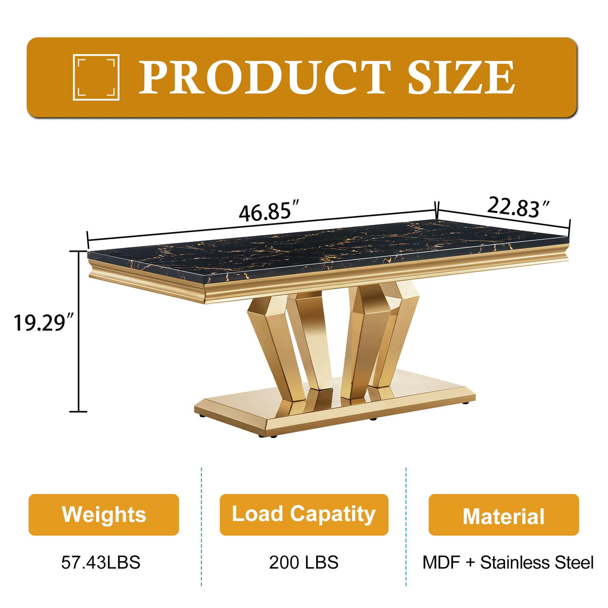 47" Faux Marble Rectangular Coffee Table with Mirrored Finish Stainless Steel Base D83830