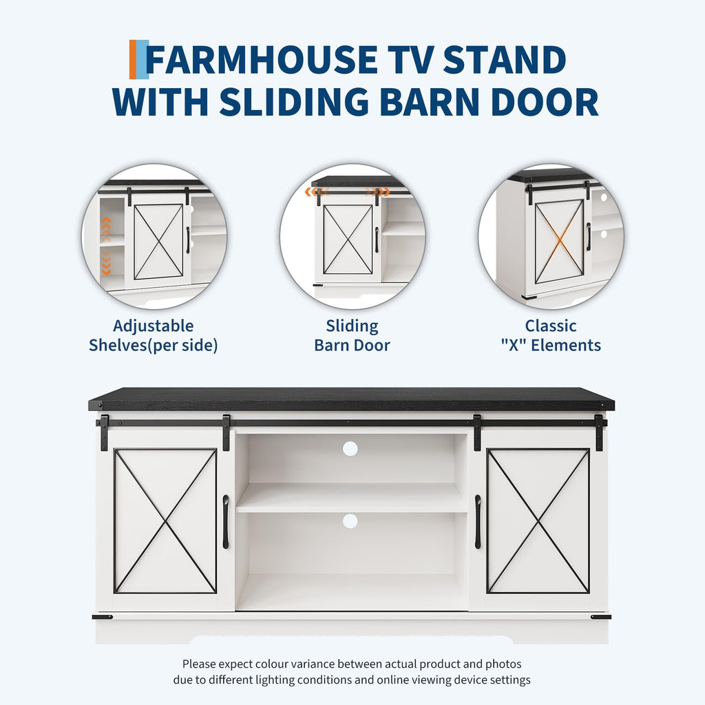 White Rustic Farmhouse TV Stand with Sliding Barn Doors P5247