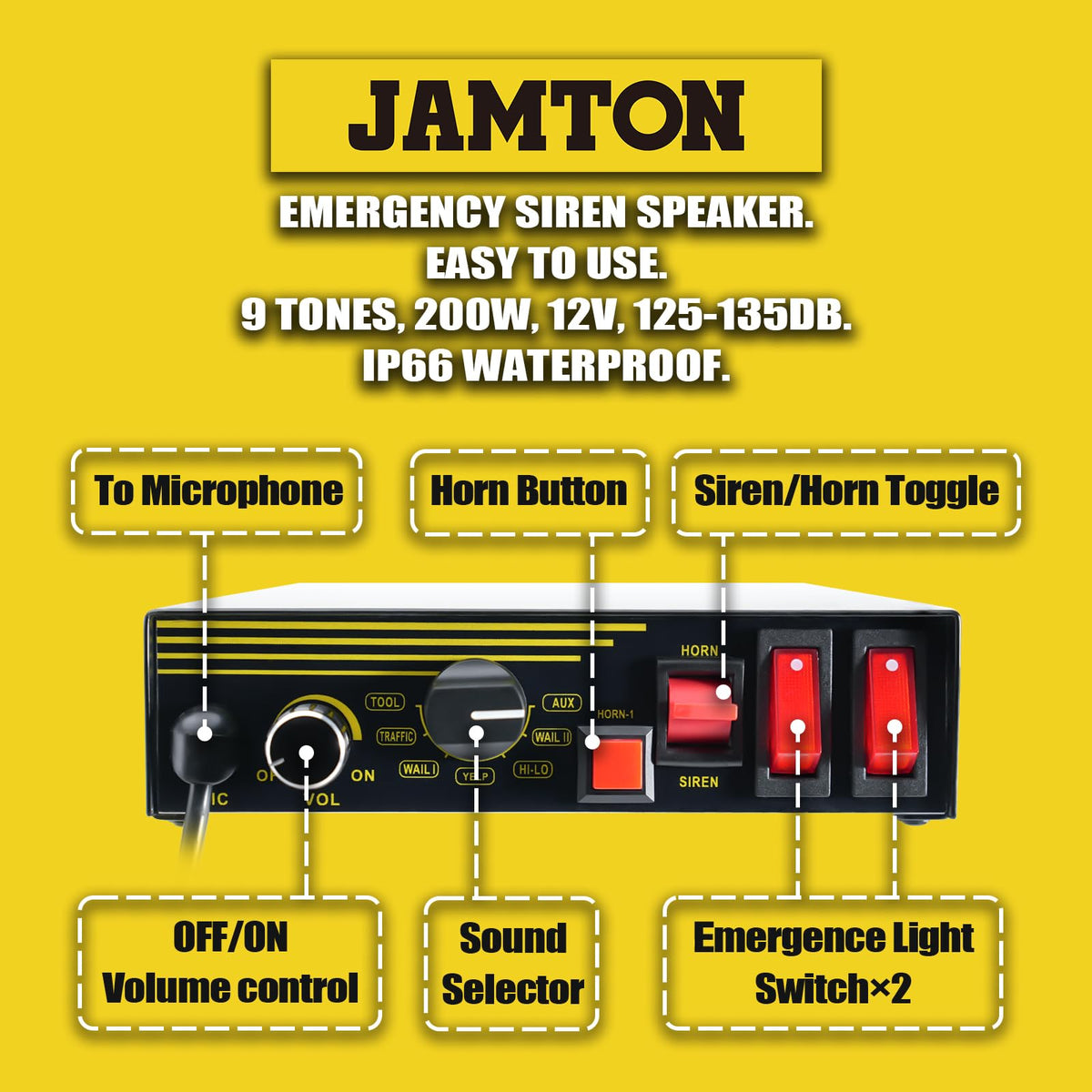 200W 12V 9 Tone Emergency Siren System with Loud Speaker Horn and Handheld Microphone O2204