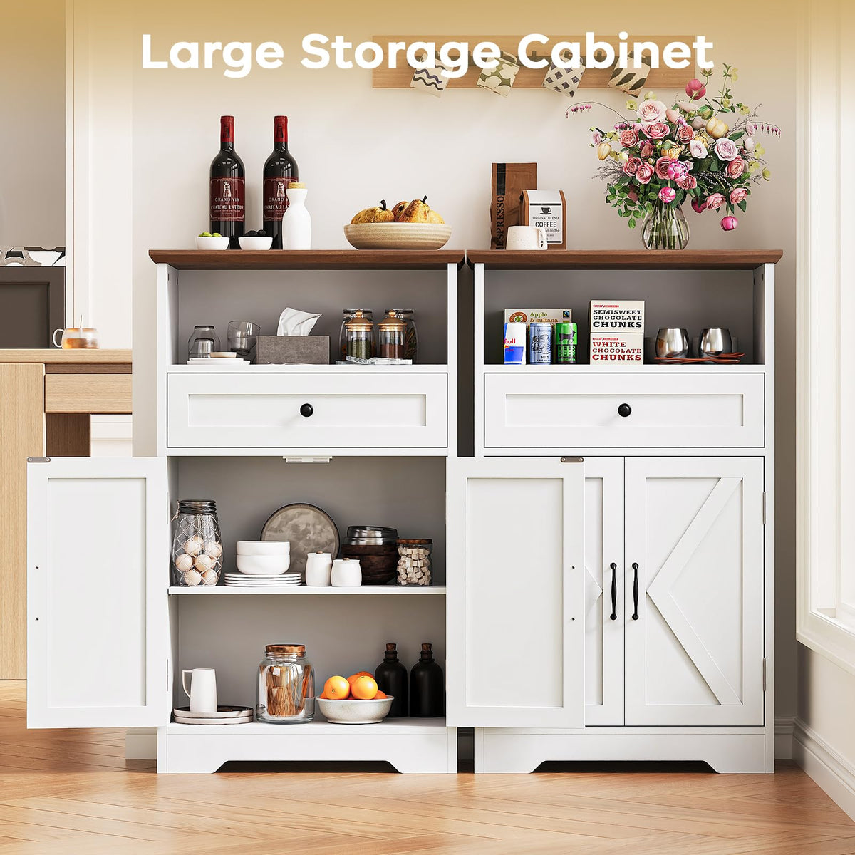 White Storage Cabinet with Barn Doors and Drawers R31826