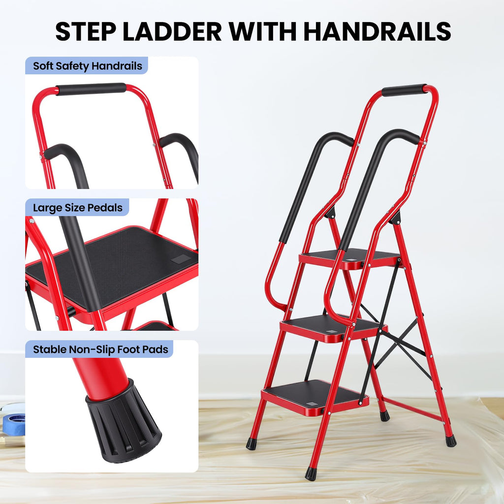 3 Step Folding Steel Step Ladder with Handrails R221927