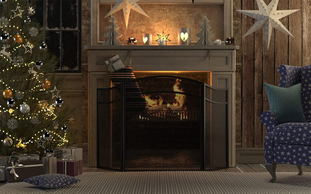 3 Panels Fireplace Screen with Arch Frame Black G510