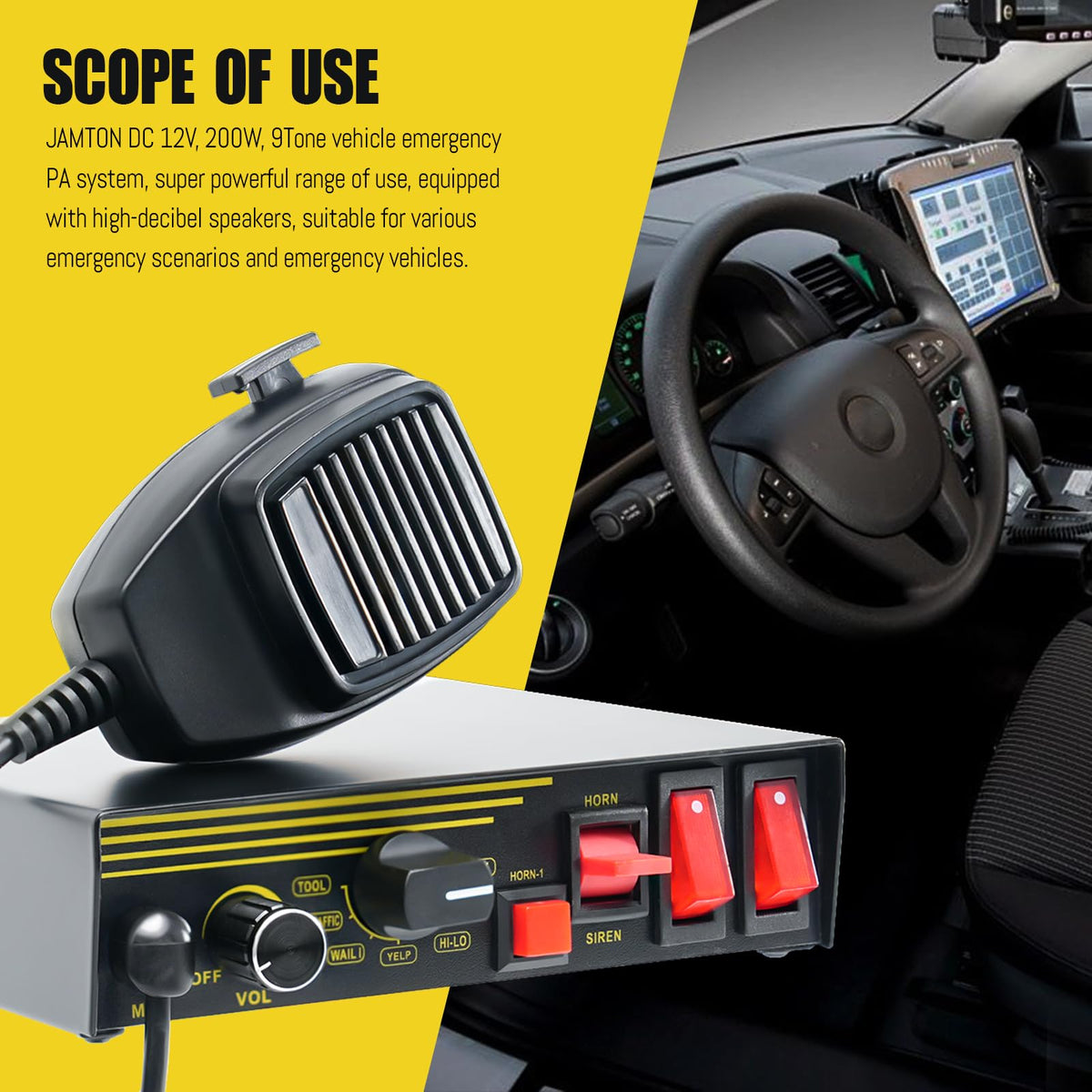 200W 12V 9 Tone Emergency Siren System with Loud Speaker Horn and Handheld Microphone O2204