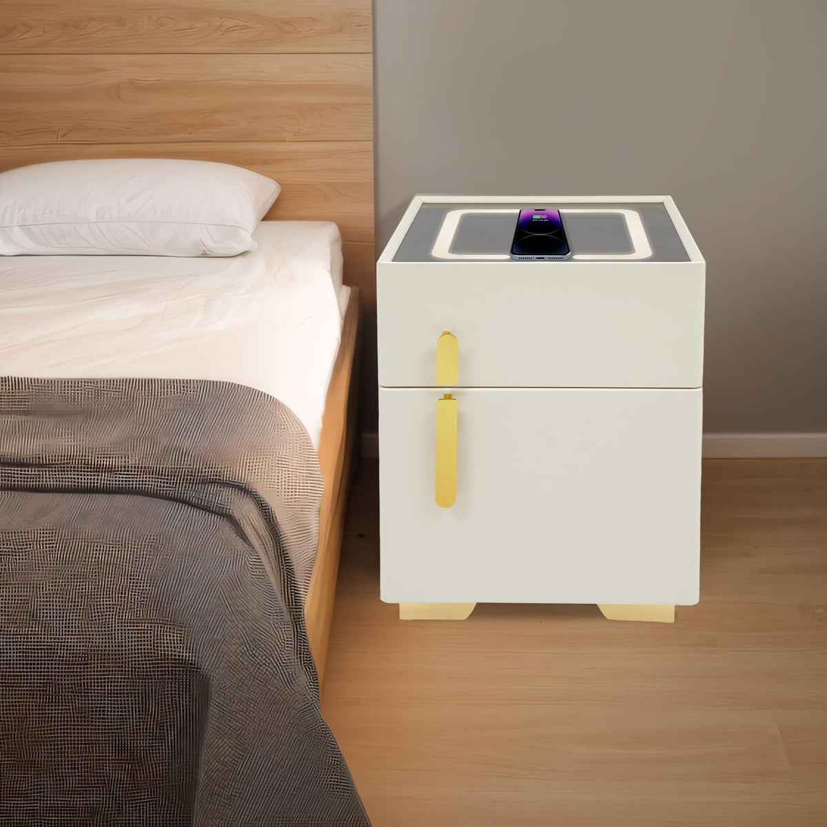 Smart Nightstand with Drawer and Safe, Wireless Charging, LED, USB N139120