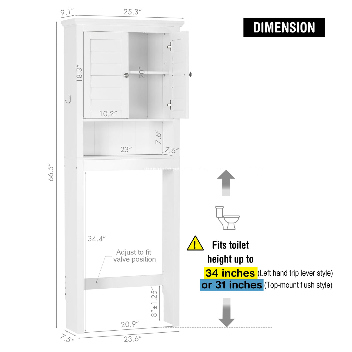 White Over The Toilet Storage Cabinet with Louvered Doors & Hooks K866323