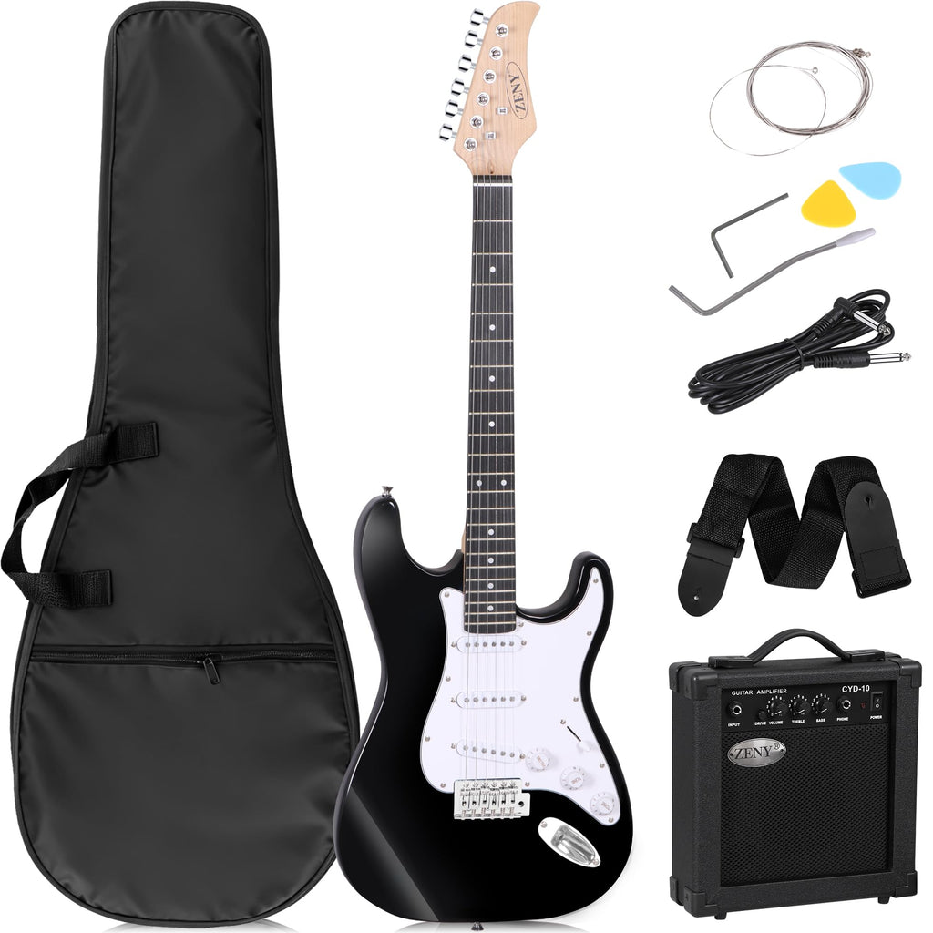 39in Full Size Electric Guitar with 10W Amp, Case and Accessories Pack, Black V77061